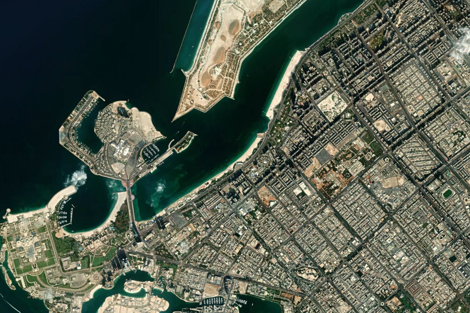 Satellite view of a coastal city